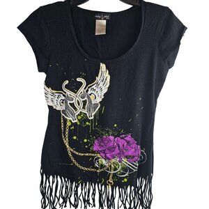 VTG Y2K 2000s Baby Phat Retro Bedazzled Logo Cat Pink Rose Black Fringed Tee XL